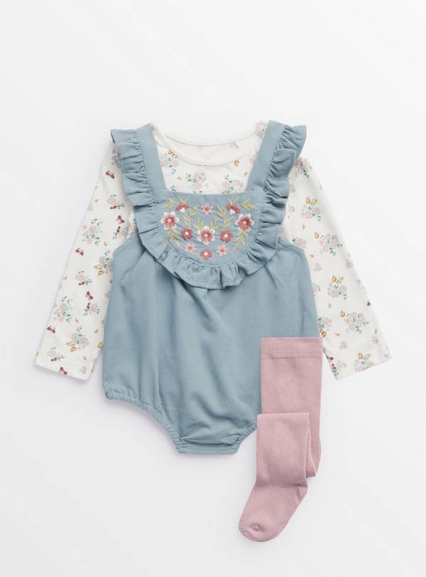 Blue Floral Print Romper, Bodysuit & Tights Set  6-9 months